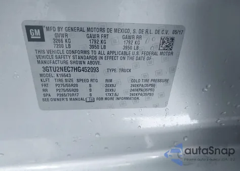 2017 GMC Sierra 1500 Slt z USA, uszkodzony, nr VIN 3GTU2NEC7HG452093